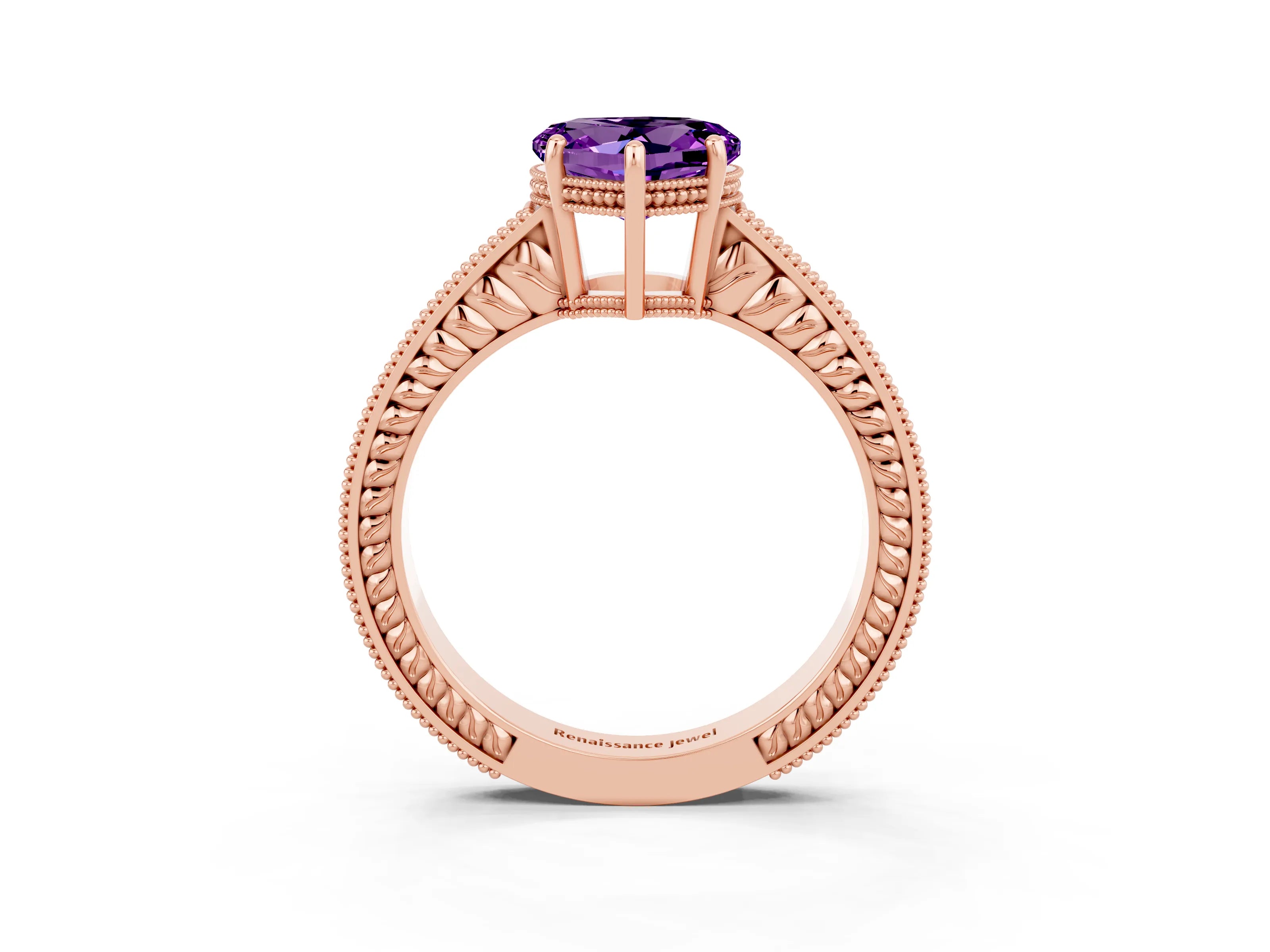 Rose gold Heart Cut Amethyst Ring with Milgrain Pavé Band and Four-Prong Setting_15