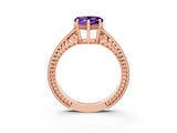Rose gold Heart Cut Amethyst Ring with Milgrain Pavé Band and Four-Prong Setting_15