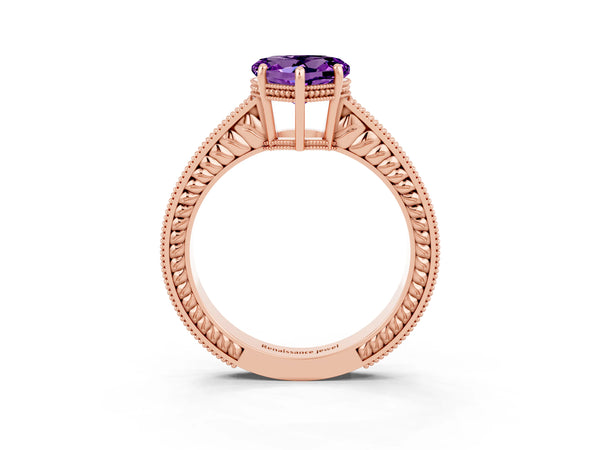 Rose gold Heart Cut Amethyst Ring with Milgrain Pavé Band and Four-Prong Setting