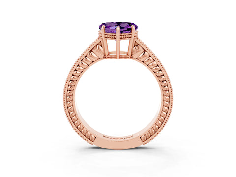 Rose gold Heart Cut Amethyst Ring with Milgrain Pavé Band and Four-Prong Setting_15