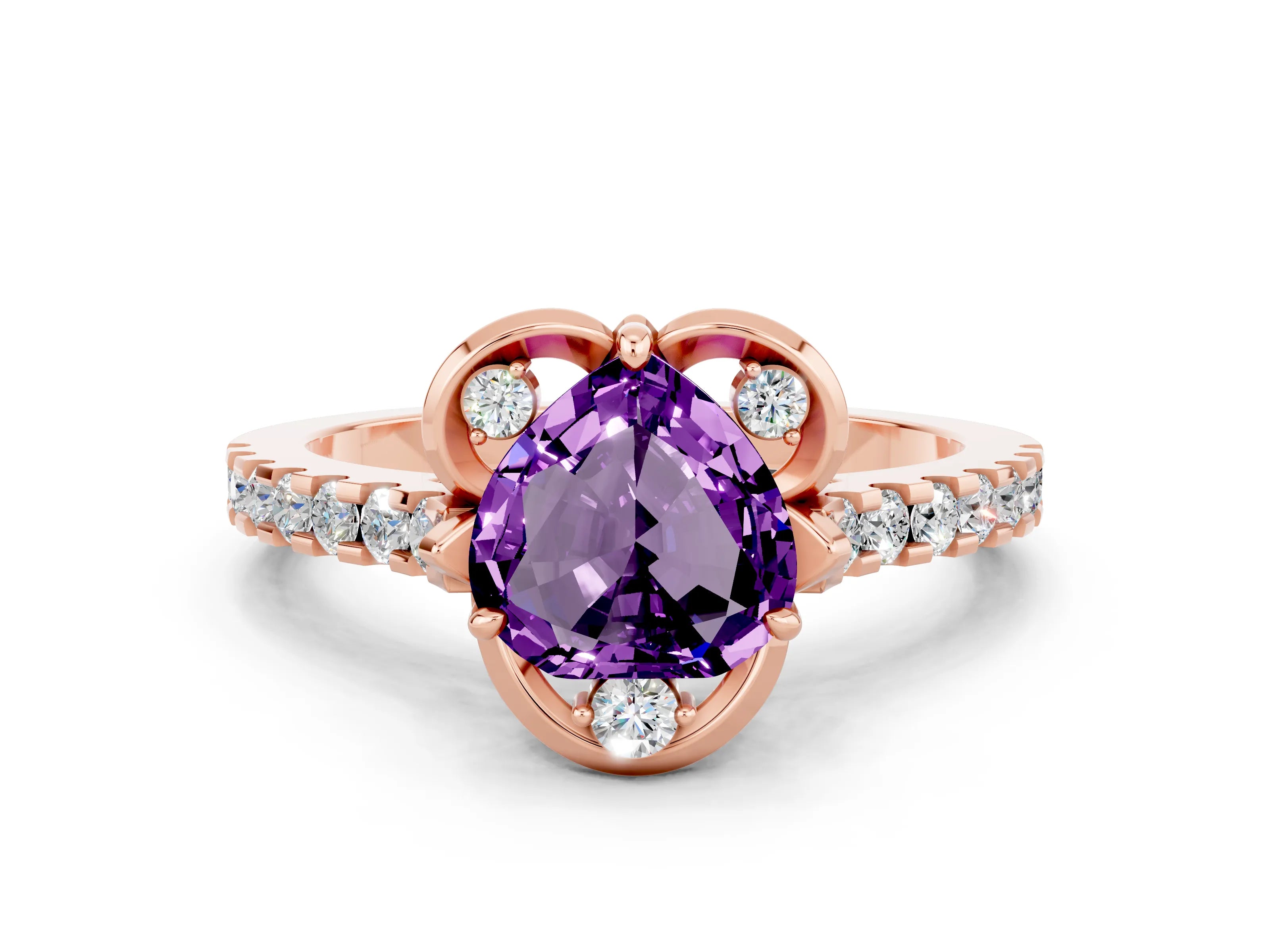 Rose gold Heart Cut Amethyst Ring with Pavé Band and Floral Prong Setting