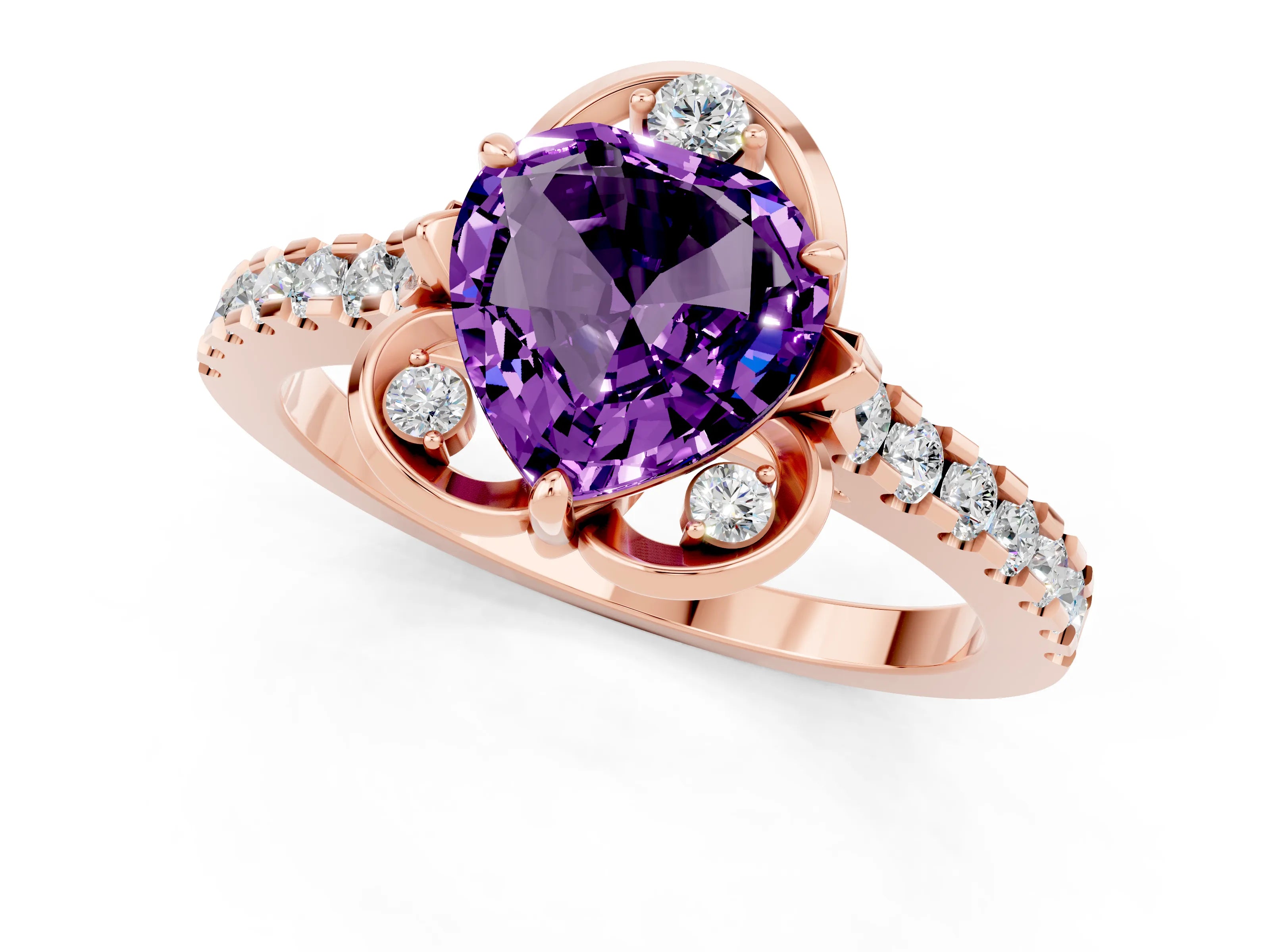 Rose gold Heart Cut Amethyst Ring with Pavé Band and Floral Prong Setting_1