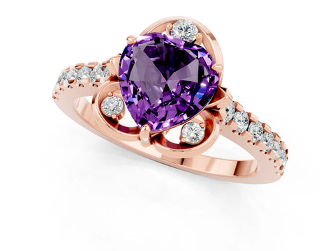 Rose gold Heart Cut Amethyst Ring with Pavé Band and Floral Prong Setting_1