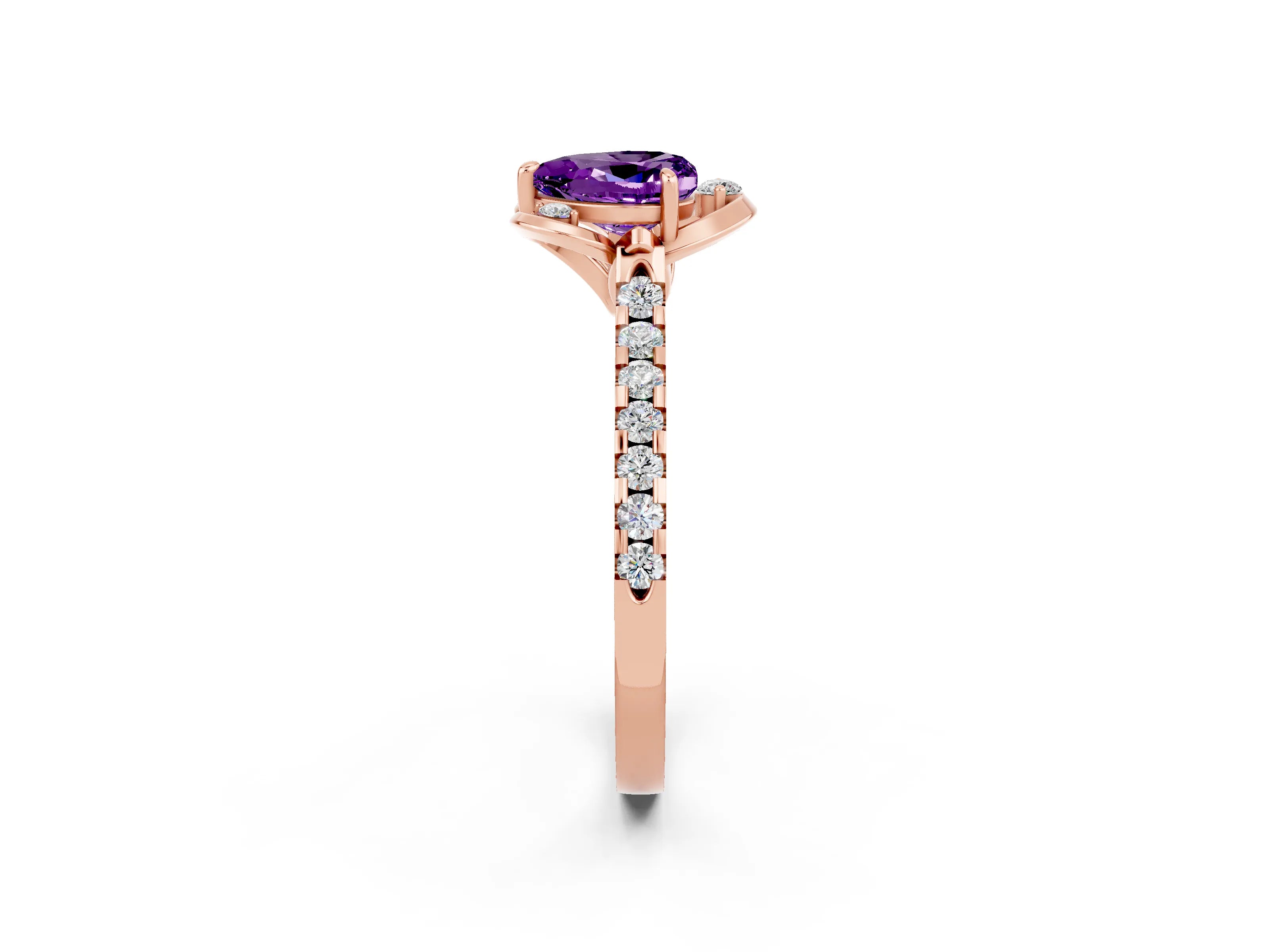 Rose gold Heart Cut Amethyst Ring with Pavé Band and Floral Prong Setting_2