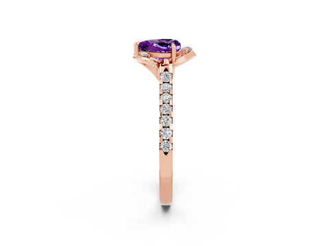 Rose gold Heart Cut Amethyst Ring with Pavé Band and Floral Prong Setting_2