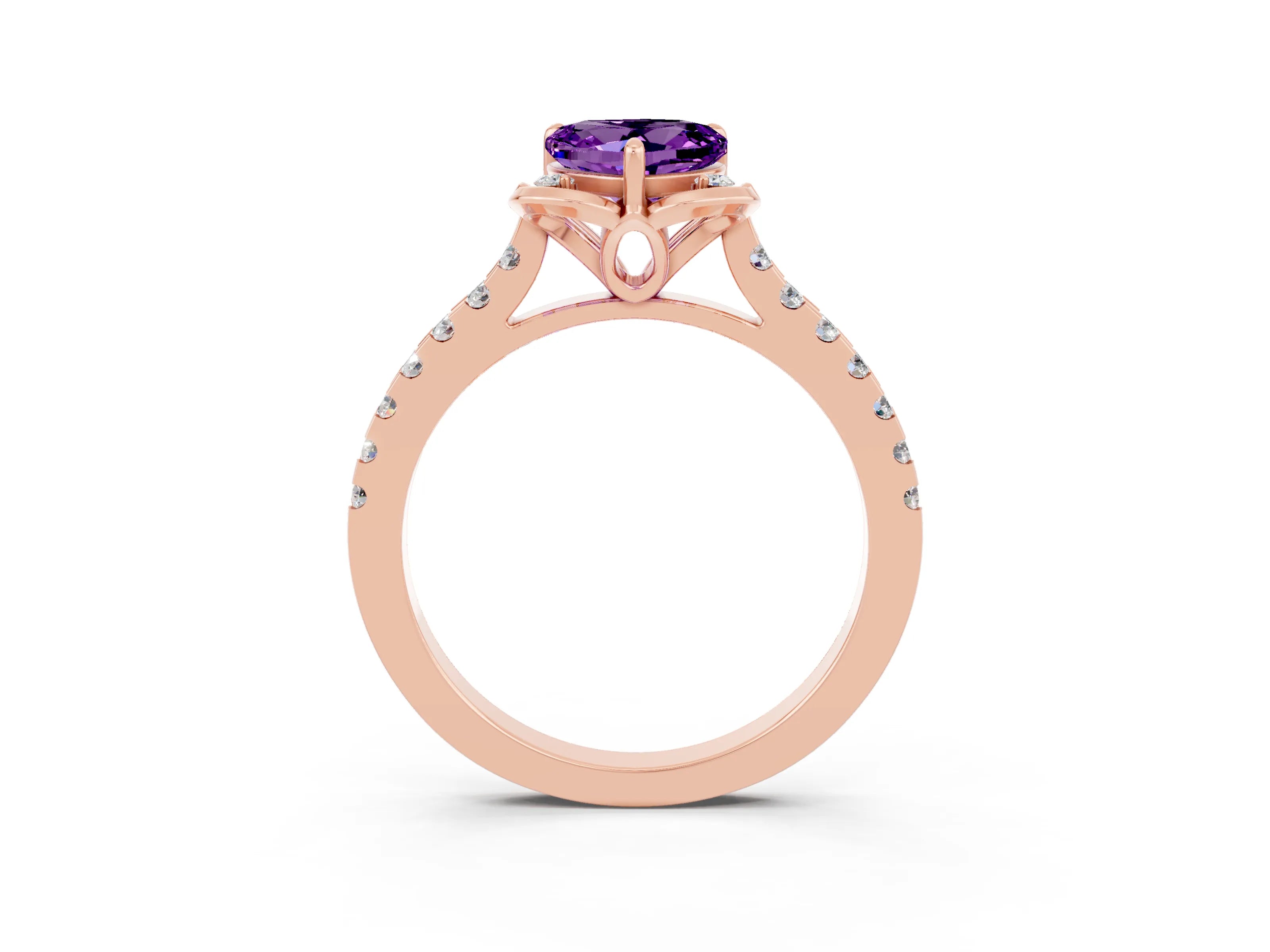 Rose gold Heart Cut Amethyst Ring with Pavé Band and Floral Prong Setting_3