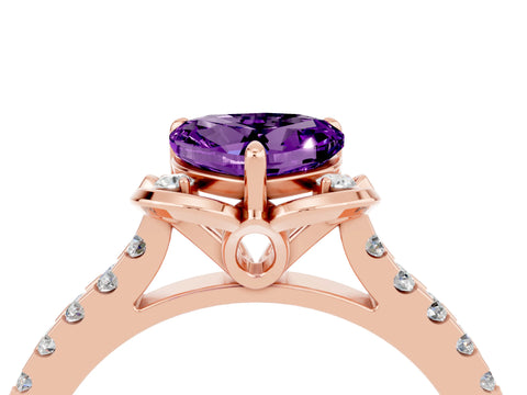 Rose gold Heart Cut Amethyst Ring with Pavé Band and Floral Prong Setting_4