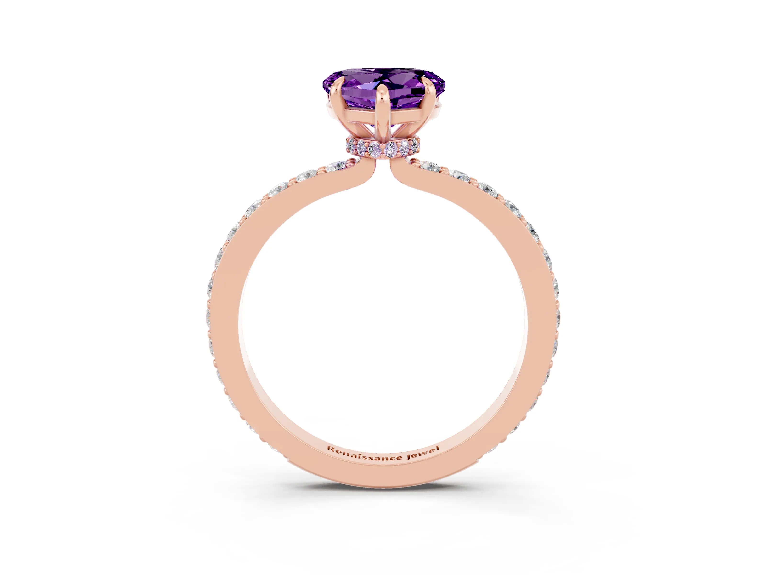 Rose gold Heart Cut Amethyst Ring with Pavé Band and Four-Prong Setting_3