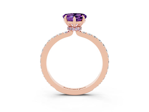 Rose gold Heart Cut Amethyst Ring with Pavé Band and Four-Prong Setting_3