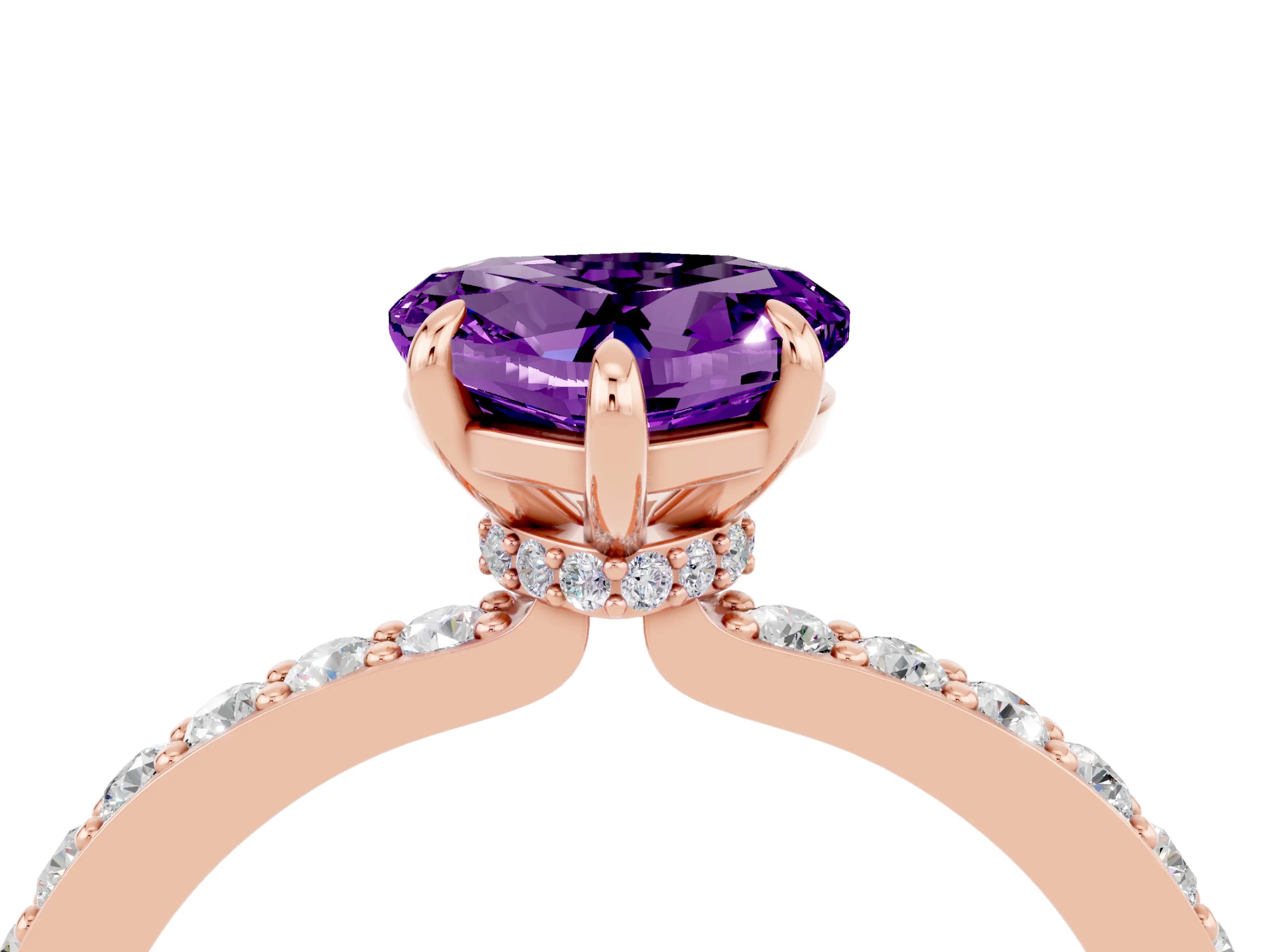 Rose gold Heart Cut Amethyst Ring with Pavé Band and Four-Prong Setting_4