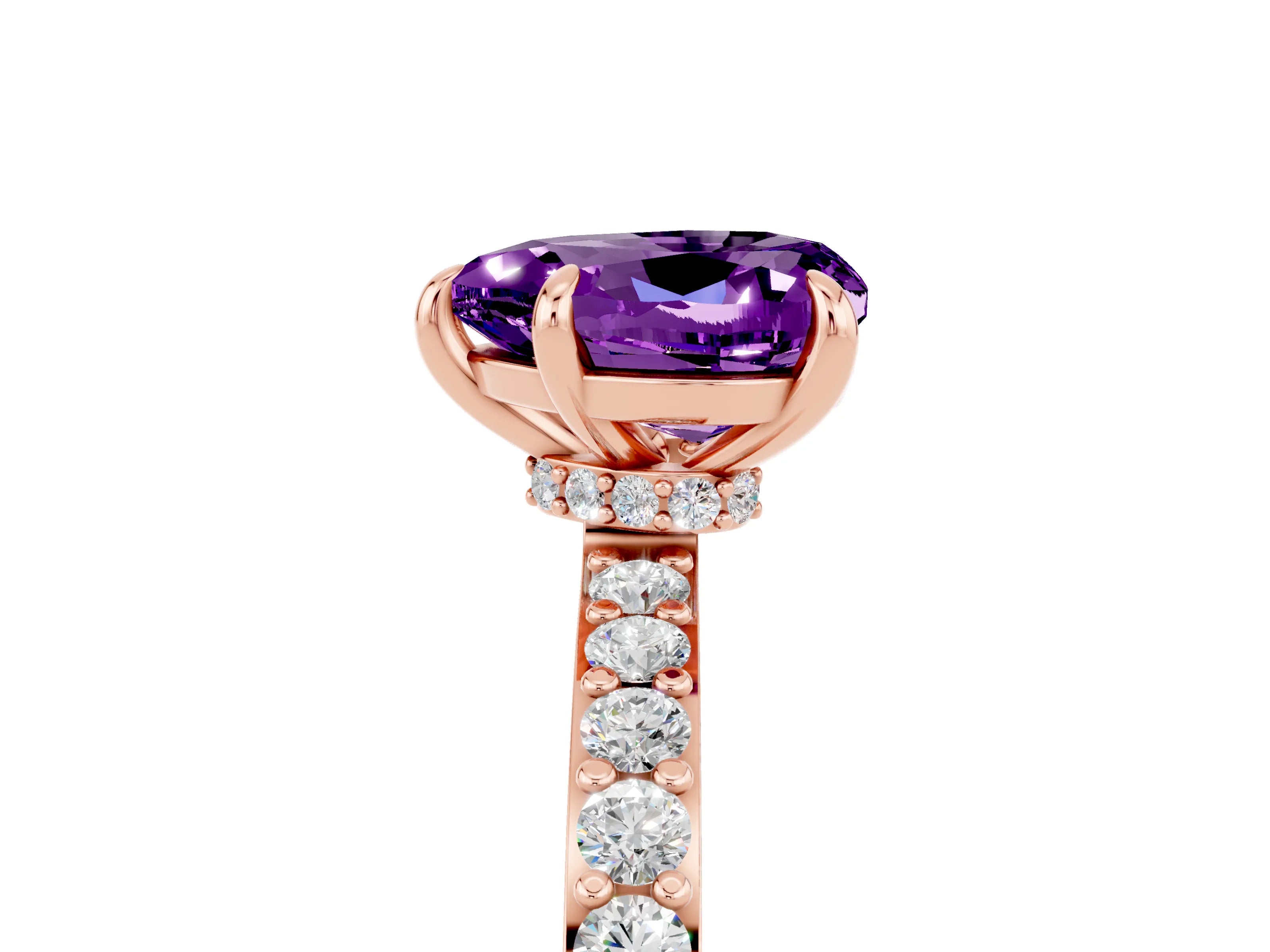 Rose gold Heart Cut Amethyst Ring with Pavé Band and Four-Prong Setting_5