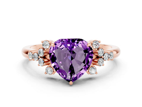 Rose gold Heart Cut Amethyst Ring with Side Stones and Four-Prong Setting_36