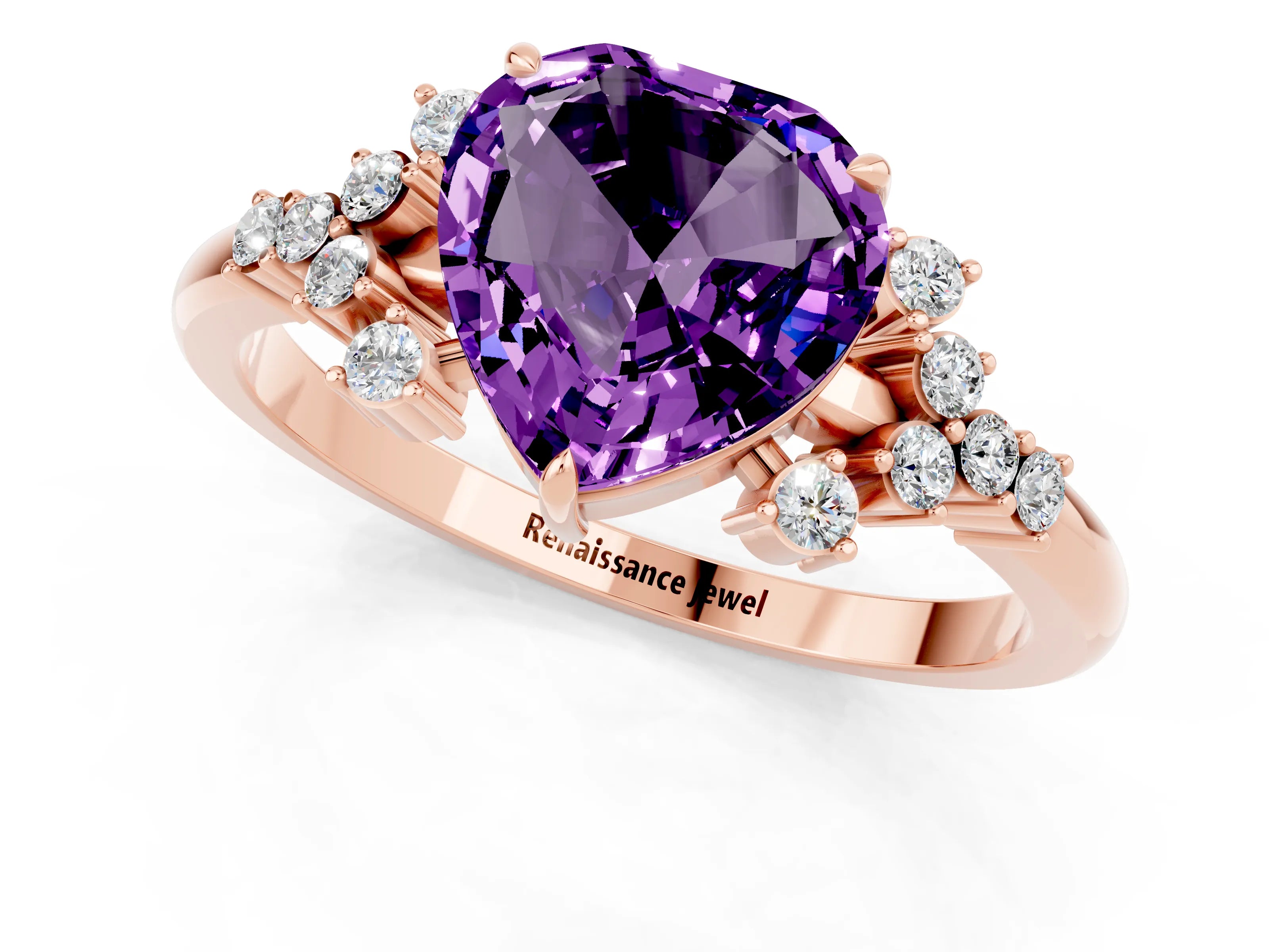 Rose gold Heart Cut Amethyst Ring with Side Stones and Four-Prong Setting_37