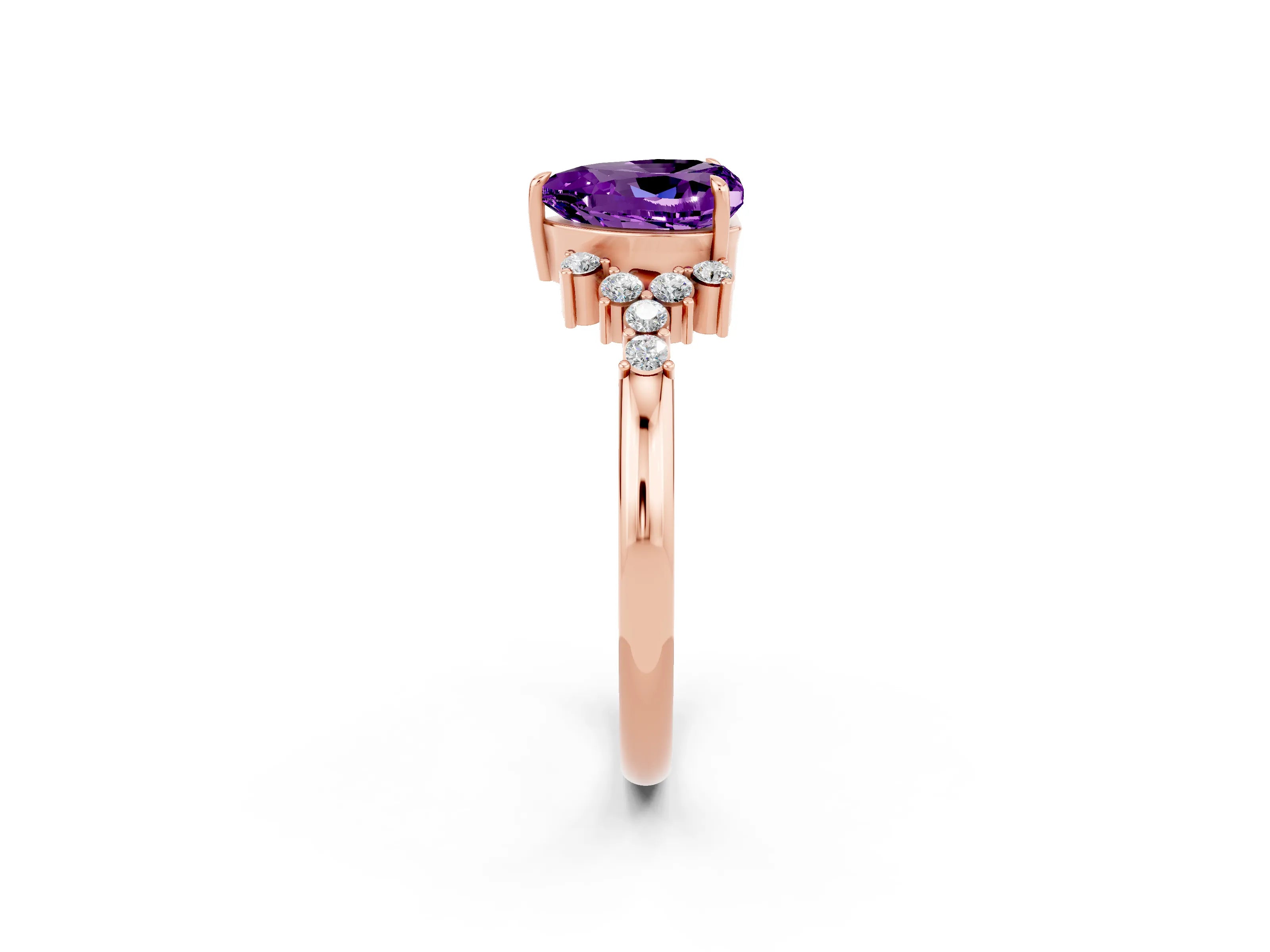 Rose gold Heart Cut Amethyst Ring with Side Stones and Four-Prong Setting_38