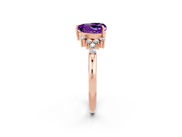 Rose gold Heart Cut Amethyst Ring with Side Stones and Four-Prong Setting