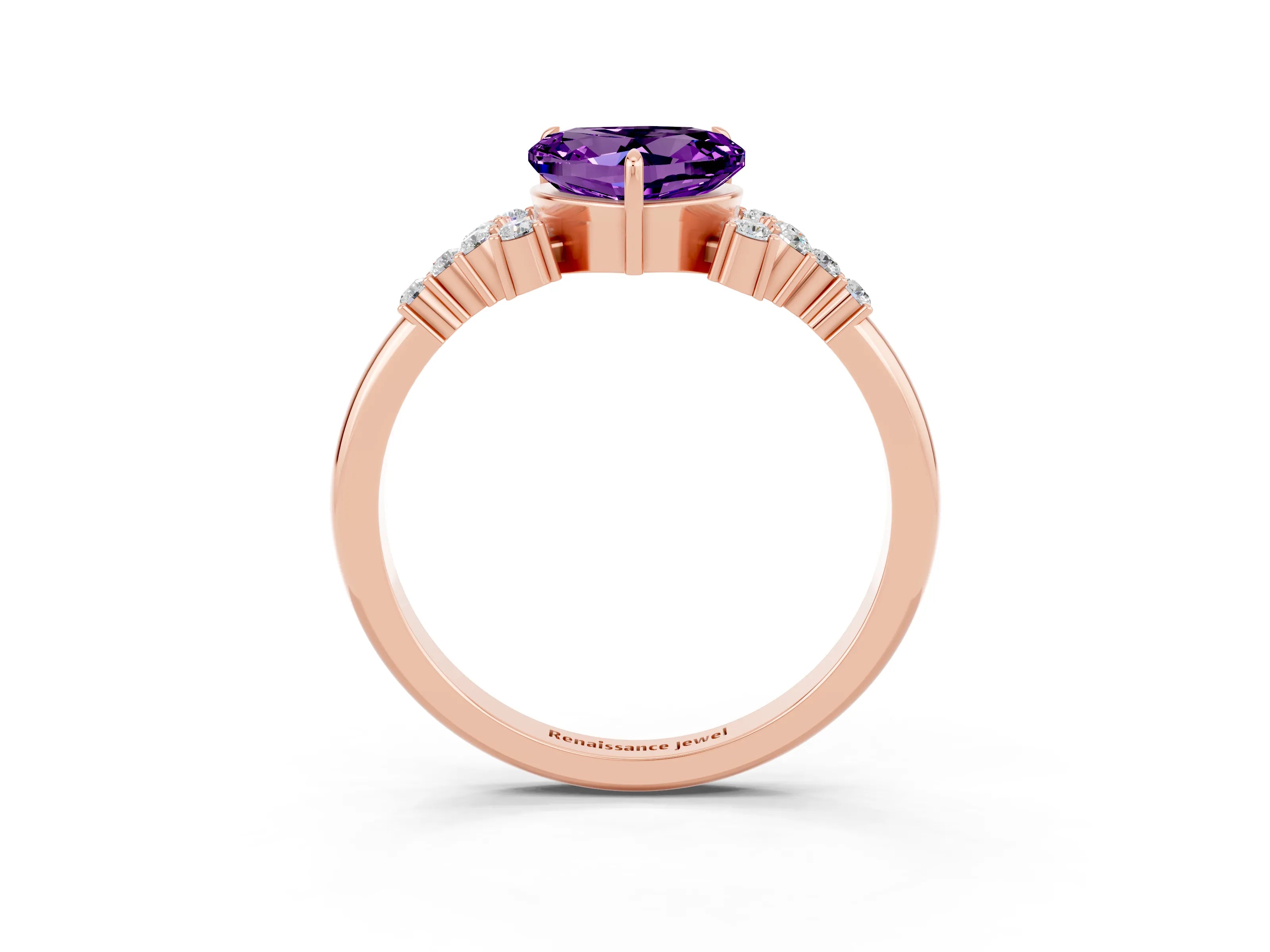 Rose gold Heart Cut Amethyst Ring with Side Stones and Four-Prong Setting_39
