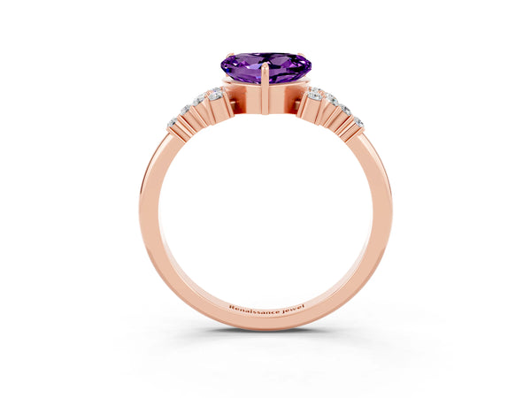 Rose gold Heart Cut Amethyst Ring with Side Stones and Four-Prong Setting