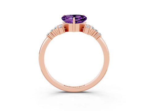 Rose gold Heart Cut Amethyst Ring with Side Stones and Four-Prong Setting_39