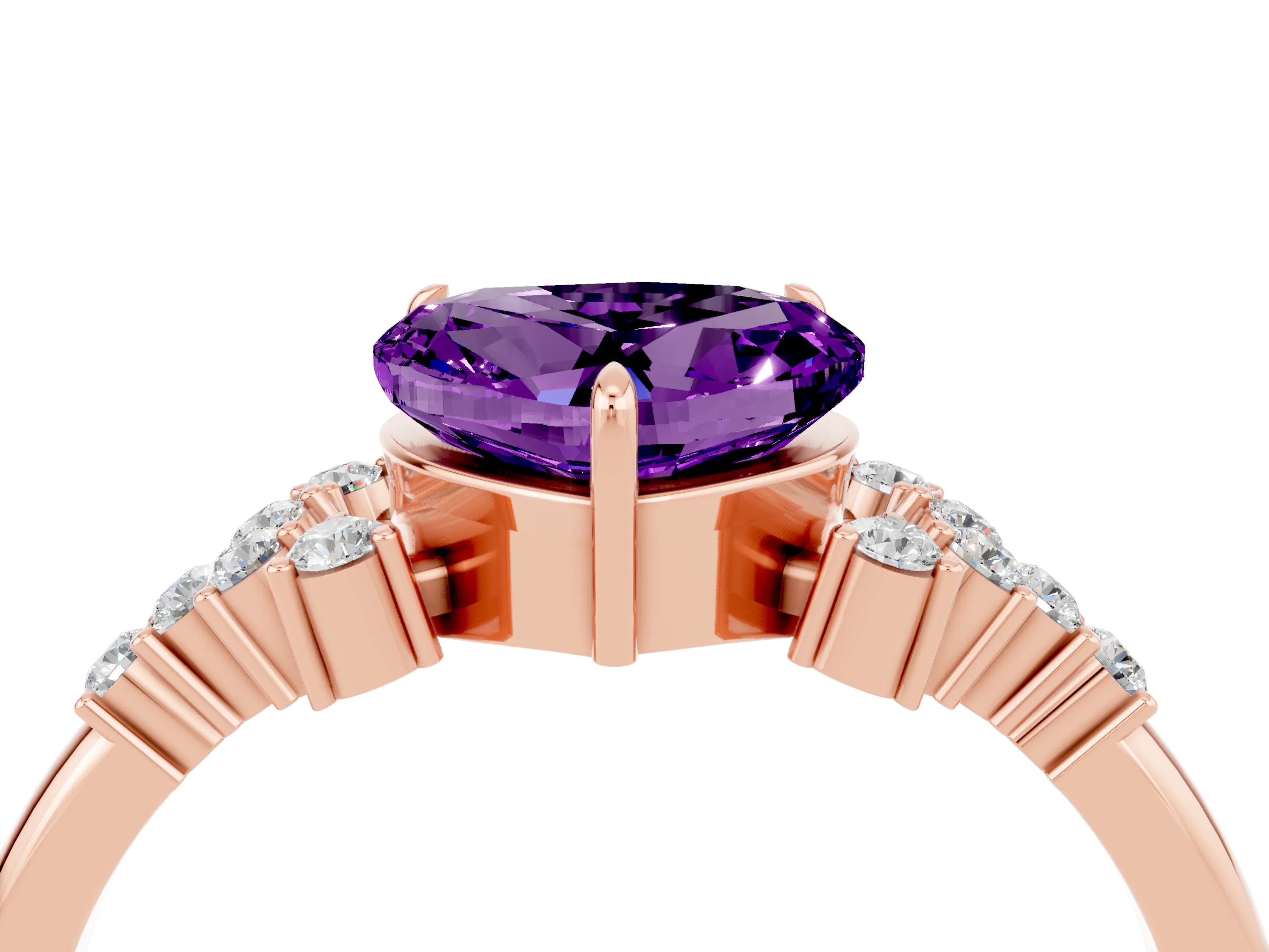 Rose gold Heart Cut Amethyst Ring with Side Stones and Four-Prong Setting_40