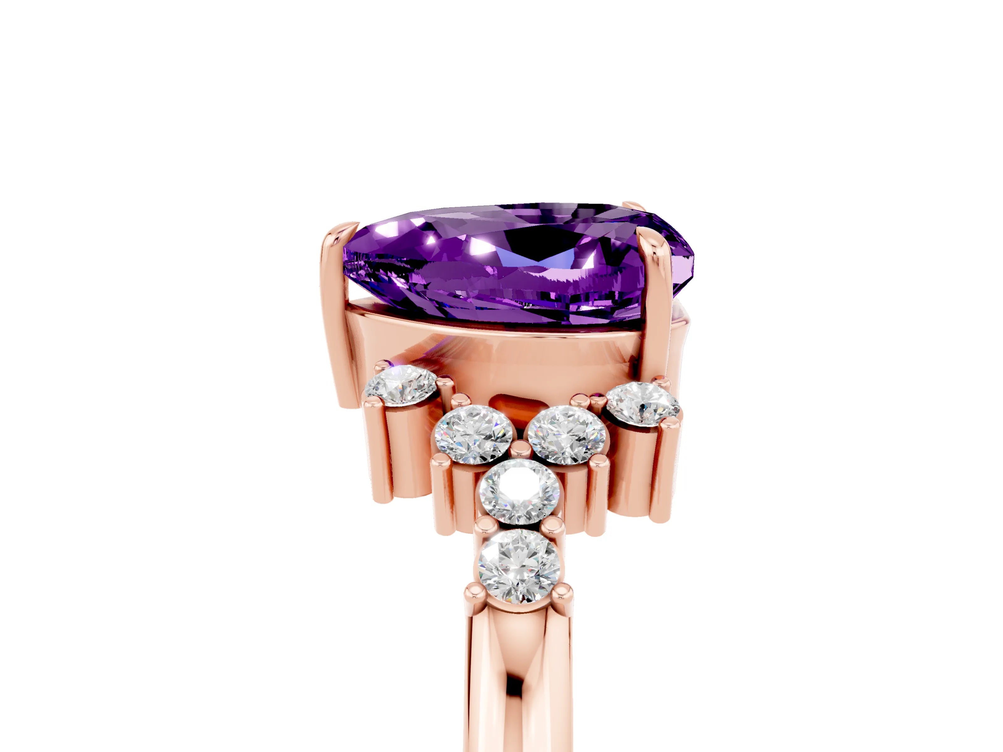 Rose gold Heart Cut Amethyst Ring with Side Stones and Four-Prong Setting_41