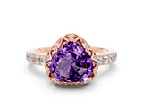 Rose gold Heart Cut Amethyst Scalloped Halo Engagement Ring with Round Shared Prong Band_24