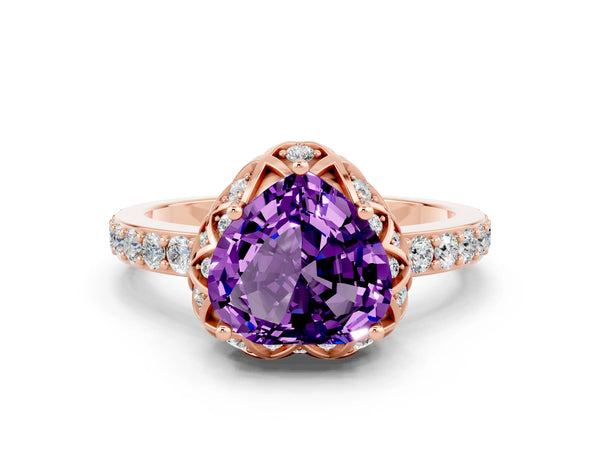 Rose gold Heart Cut Amethyst Scalloped Halo Engagement Ring with Round Shared Prong Band