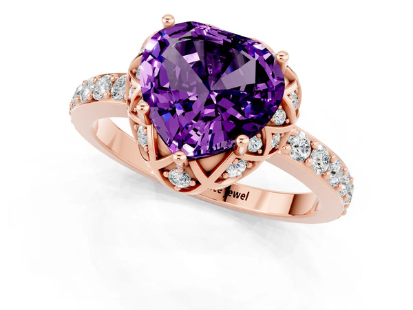 Rose gold Heart Cut Amethyst Scalloped Halo Engagement Ring with Round Shared Prong Band