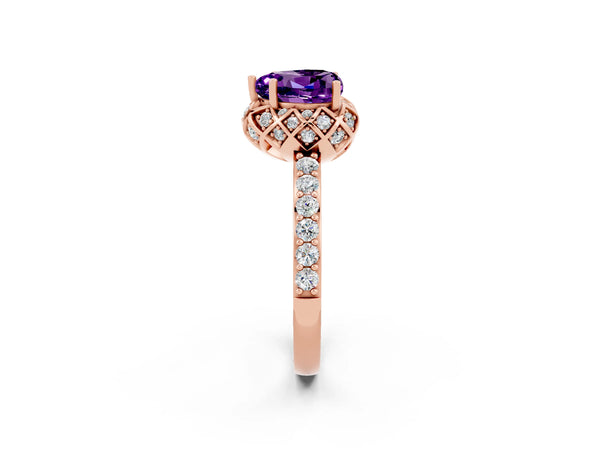 Rose gold Heart Cut Amethyst Scalloped Halo Engagement Ring with Round Shared Prong Band
