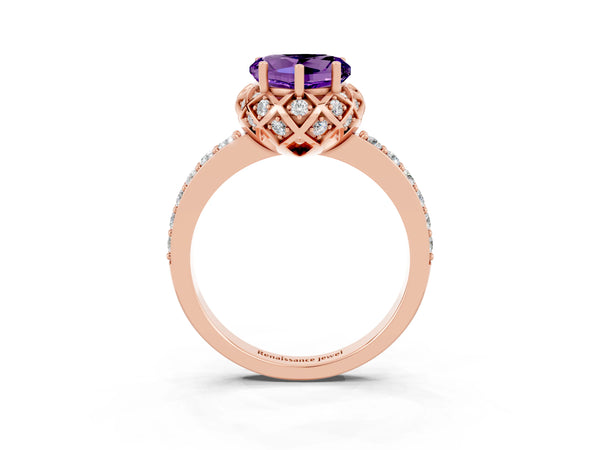 Rose gold Heart Cut Amethyst Scalloped Halo Engagement Ring with Round Shared Prong Band