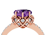 Rose gold Heart Cut Amethyst Scalloped Halo Engagement Ring with Round Shared Prong Band_28