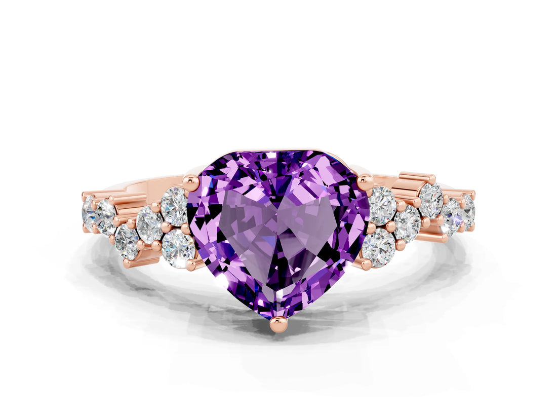 Rose gold Heart Cut Amethyst Scattered Round Accent Ring with Prong Setting_12