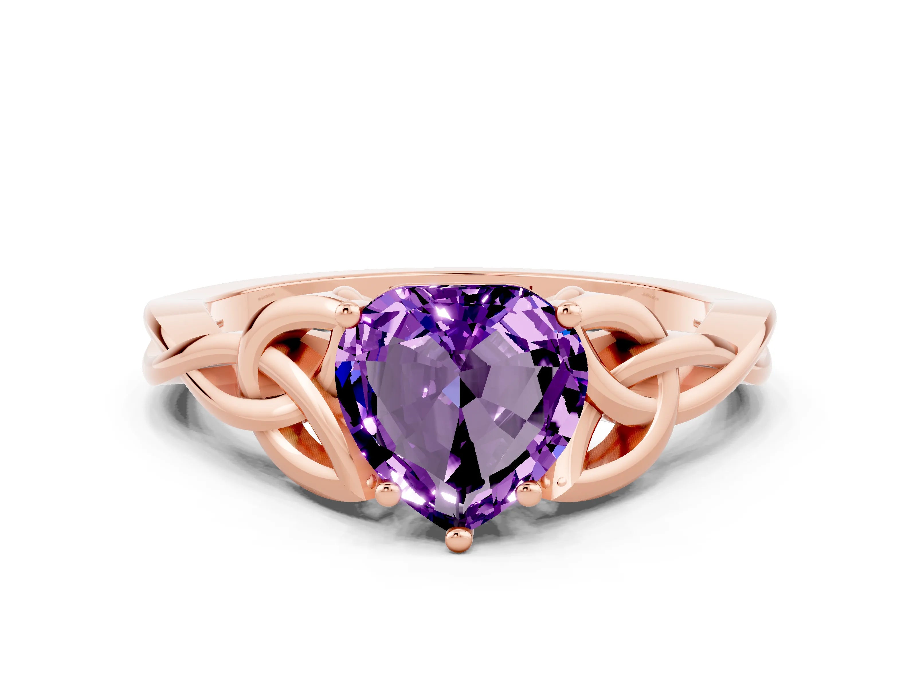 Rose gold Heart Cut Amethyst Solitaire Celtic Knot Ring with Four-Prong Setting_12