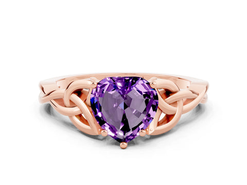 Rose gold Heart Cut Amethyst Solitaire Celtic Knot Ring with Four-Prong Setting_12