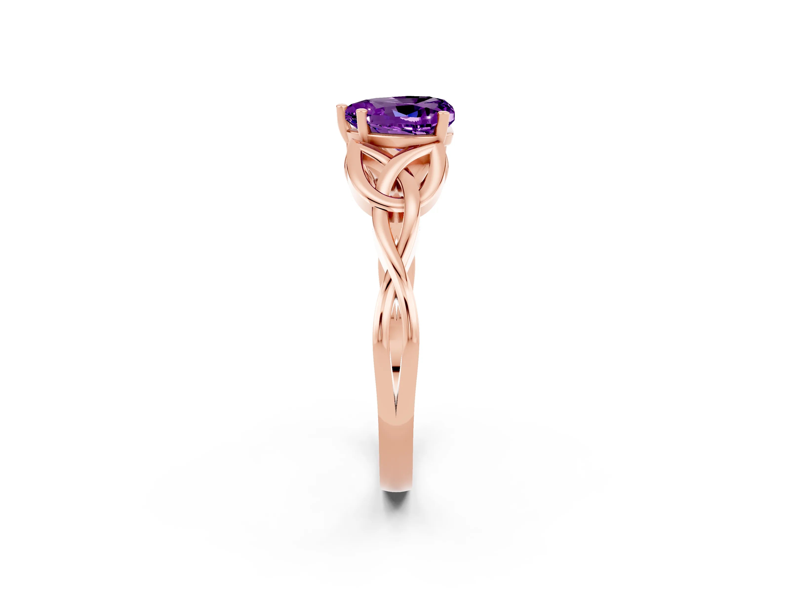 Rose gold Heart Cut Amethyst Solitaire Celtic Knot Ring with Four-Prong Setting_14