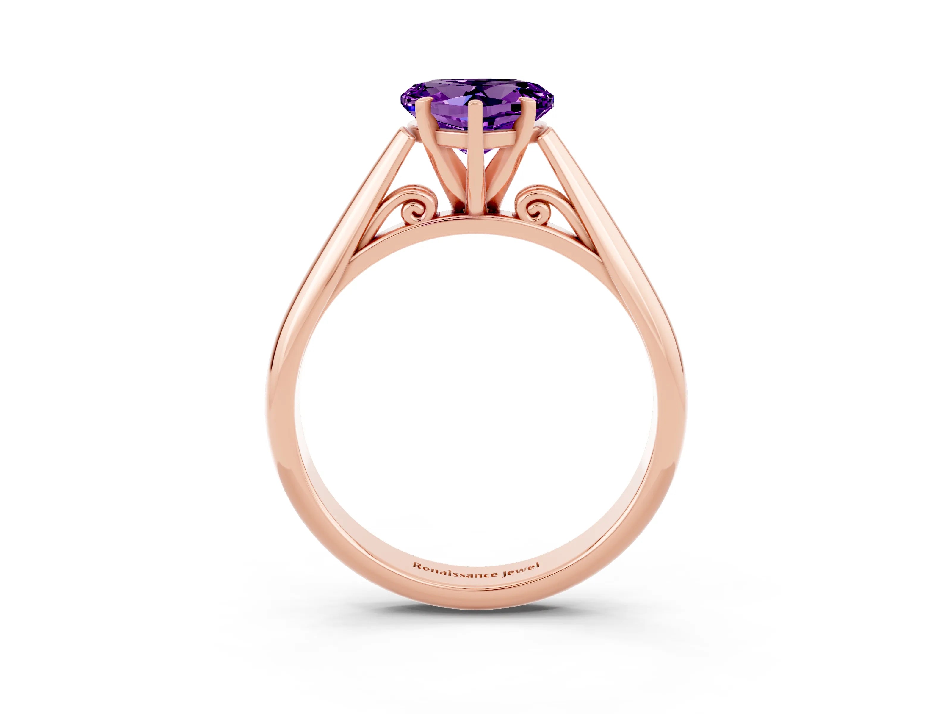Rose gold Heart Cut Amethyst Solitaire Engagement Ring with Cathedral Setting and Four-Prong Mount_15