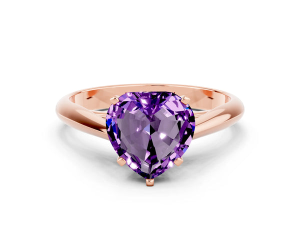 Rose gold Heart Cut Amethyst Solitaire Engagement Ring with Cathedral Setting and Four-Prong Mount