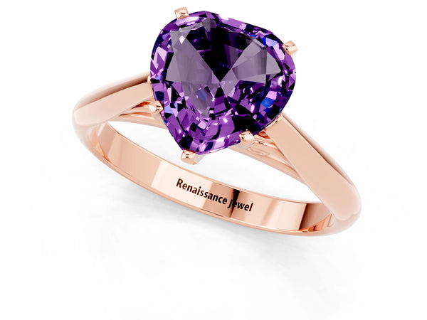Rose gold Heart Cut Amethyst Solitaire Engagement Ring with Cathedral Setting and Four-Prong Mount