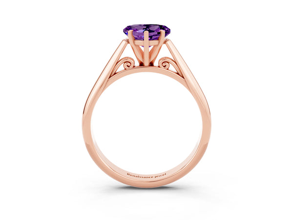 Rose gold Heart Cut Amethyst Solitaire Engagement Ring with Cathedral Setting and Four-Prong Mount
