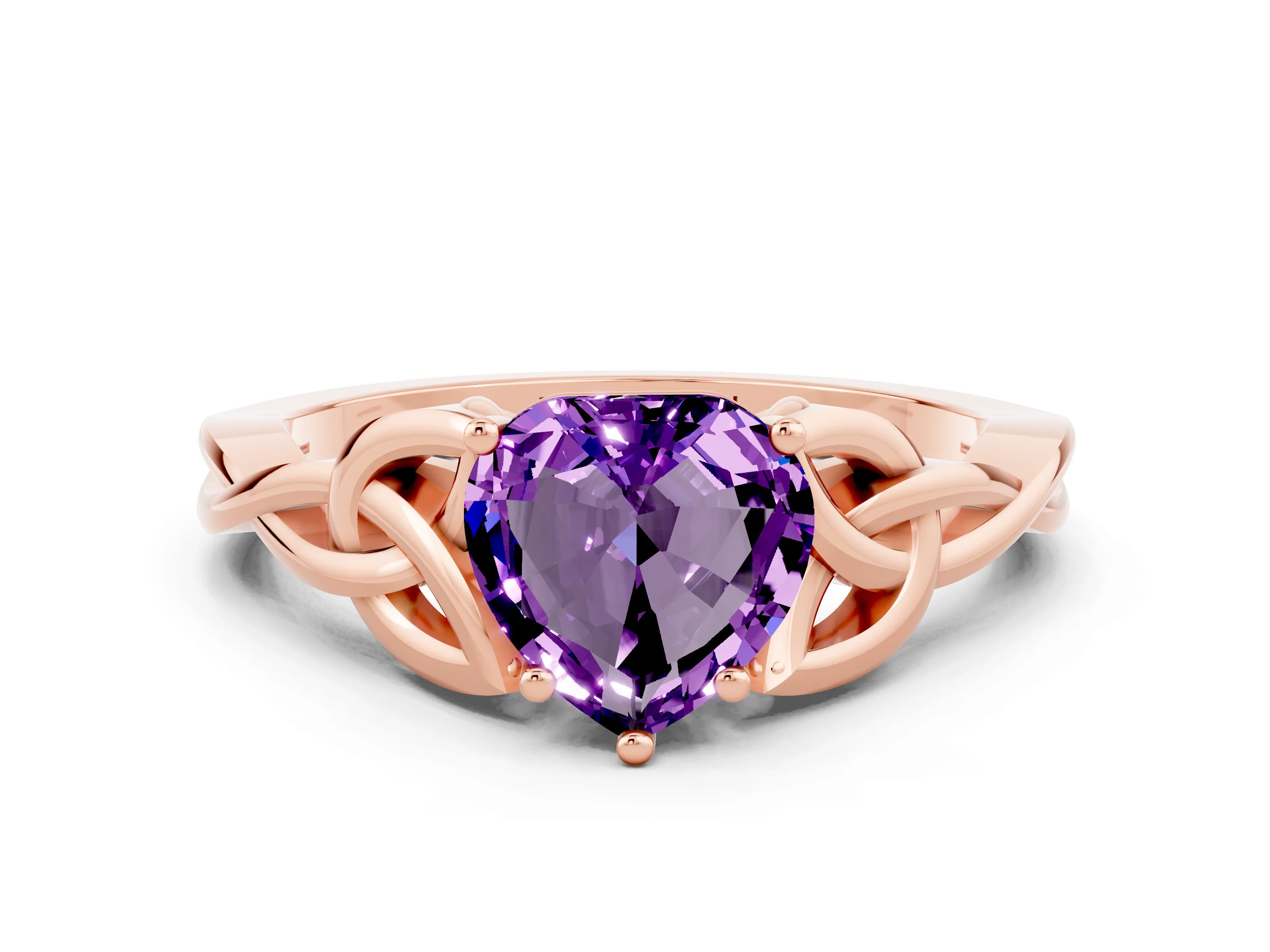 Rose gold Heart Cut Amethyst Solitaire Engagement Ring with Celtic Knot Band and Four-Prong Setting