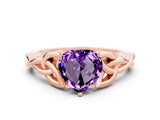Rose gold Heart Cut Amethyst Solitaire Engagement Ring with Celtic Knot Band and Four-Prong Setting