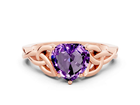 Rose gold Heart Cut Amethyst Solitaire Engagement Ring with Celtic Knot Band and Four-Prong Setting