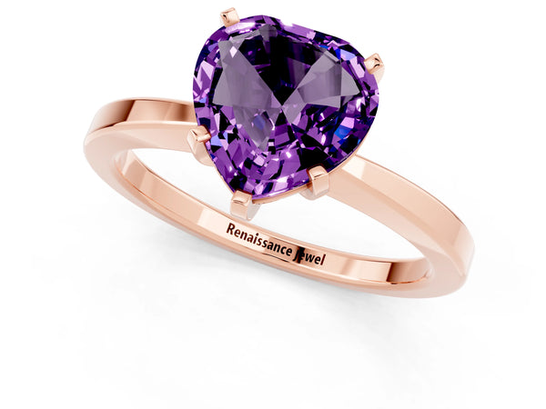 Rose gold Heart Cut Amethyst Solitaire Engagement Ring with Classic Band and Four-Prong Setting