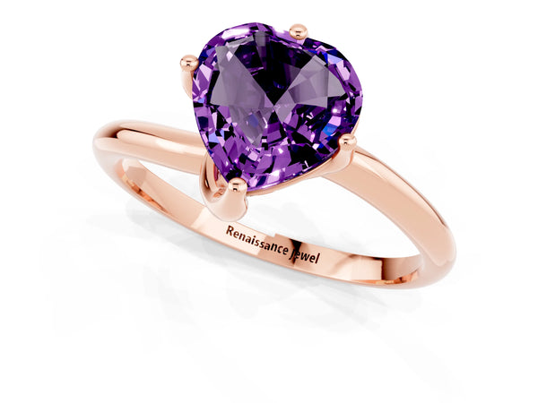 Rose gold Heart Cut Amethyst Solitaire Engagement Ring with Four-Prong Setting and Classic Band