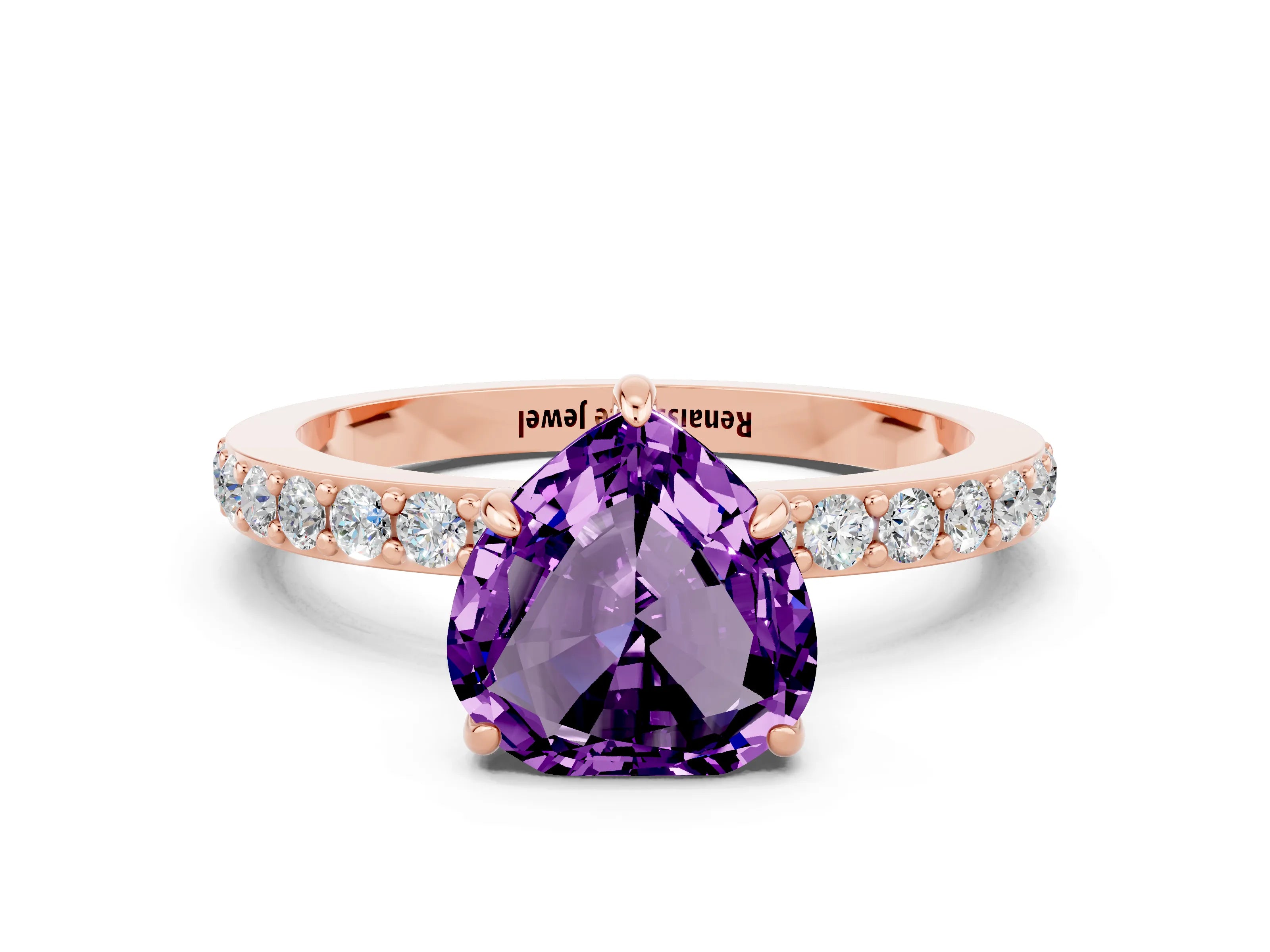Rose gold Heart Cut Amethyst Solitaire Engagement Ring with Pavé Band and Four-Prong Setting