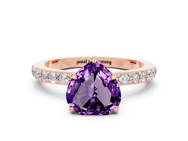 Rose gold Heart Cut Amethyst Solitaire Engagement Ring with Pavé Band and Four-Prong Setting