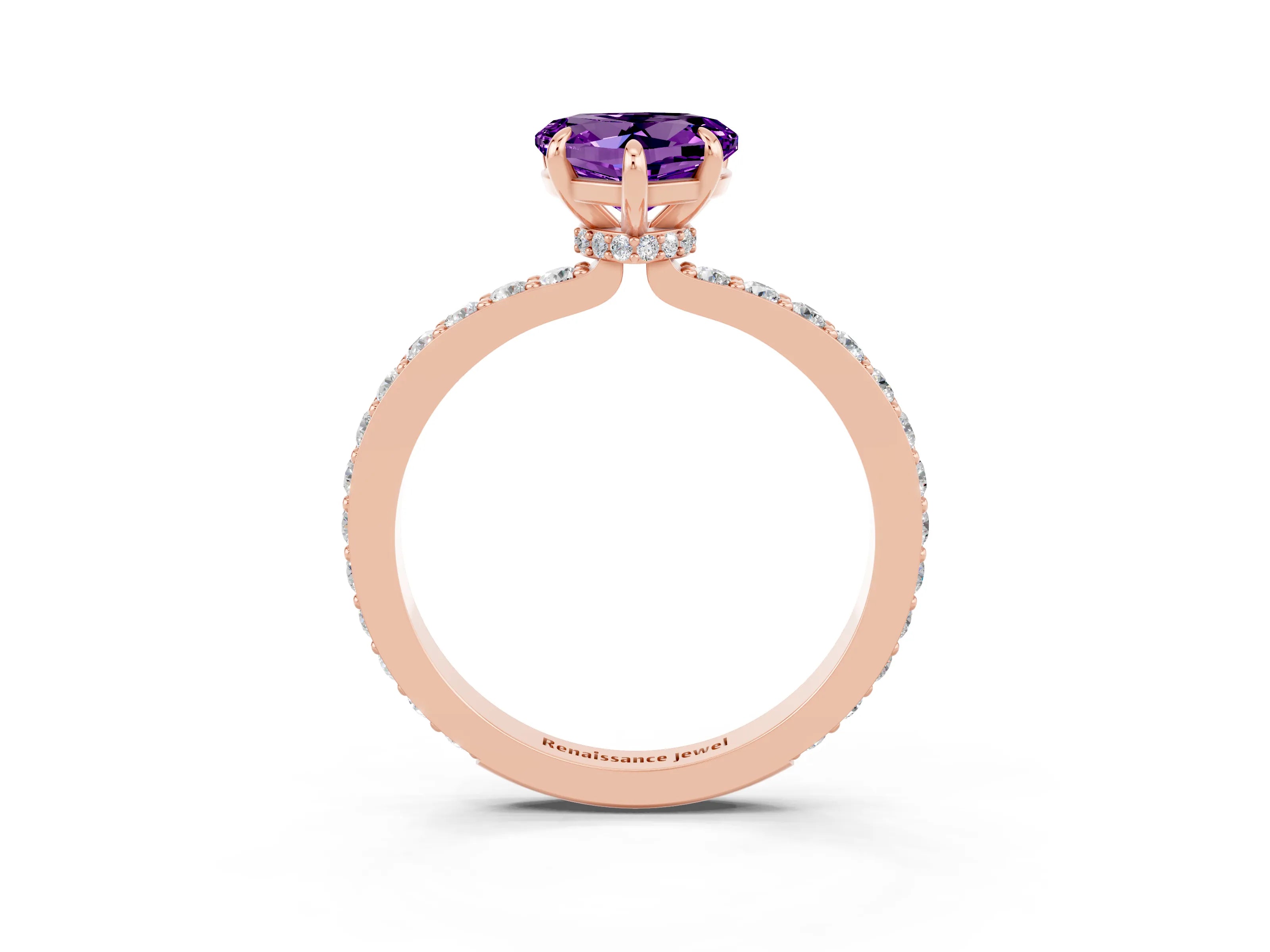 Rose gold Heart Cut Amethyst Solitaire Engagement Ring with Pavé Band and Four-Prong Setting_3