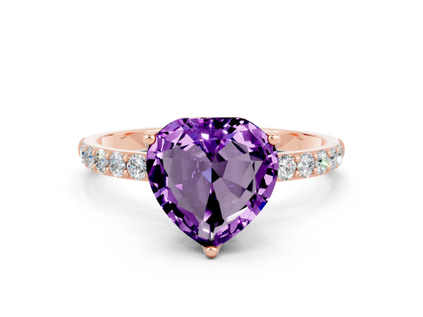 Rose gold Heart Cut Amethyst Solitaire Engagement Ring with Round  Pavé Band and Prong Setting