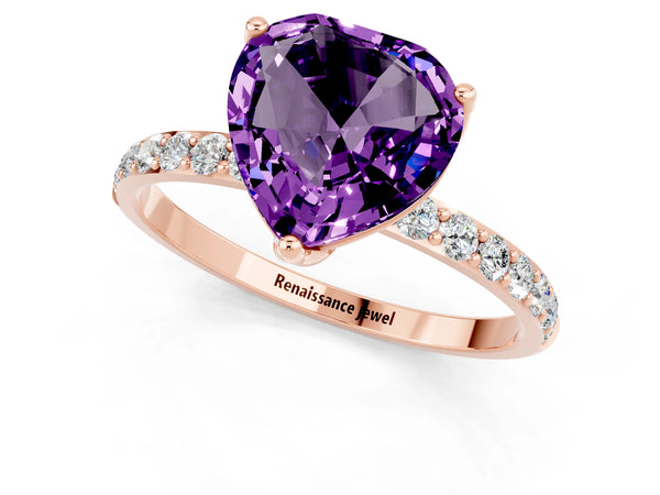 Rose gold Heart Cut Amethyst Solitaire Engagement Ring with Round  Pavé Band and Prong Setting