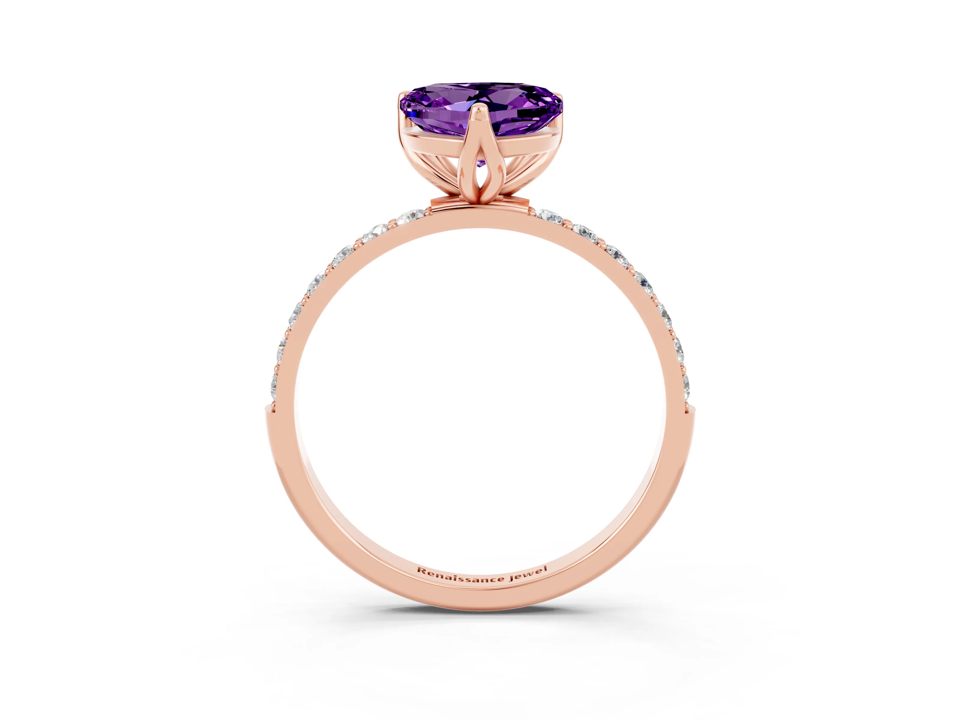 Rose gold Heart Cut Amethyst Solitaire Engagement Ring with Pavé Band and Prong Setting_3