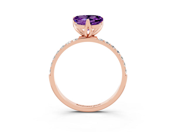 Rose gold Heart Cut Amethyst Solitaire Engagement Ring with Round  Pavé Band and Prong Setting